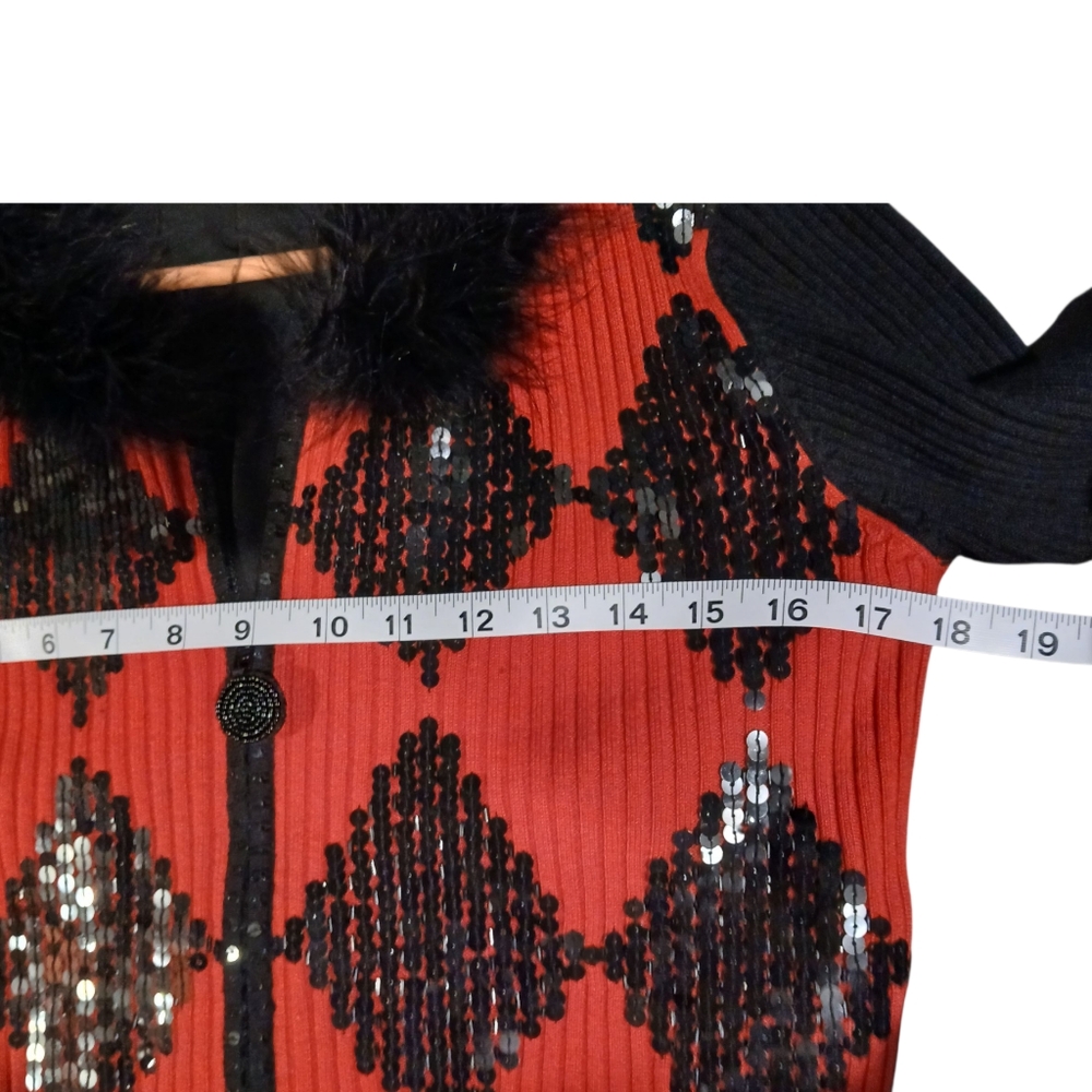 Berek 2 Red Black Fur Collar Sequin Diamond Zip Cardigan Sweater Small Steampunk - Picture 2 of 12